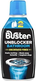 Buster Bathroom Drain Unblocker, Double Dose Bottle, Fast-Acting Sink Unblocker Dissolves Hair, Sludge & Soap, Drain Cleaner Clears Blockages in Shower, Bath & Bathroom Sink Pipes, 600ml - Made in UK