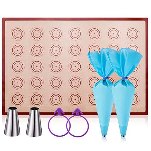 Macaron Silicone Mat Full Size - (24.5" x 16.5") with 18" Piping Bag and Tips,Non Stick Mat for Large Bake Pans&Trays,Rolling Macaron/Pastry/Cookie/Bun/Bread Making.Commercial Macaron Baking Mat Kit