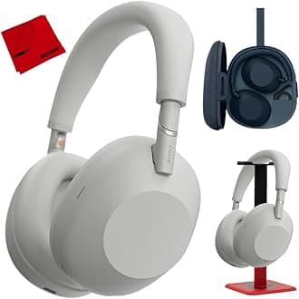 WH-1000XM6 Best Wireless Noise Canceling Headphones, Platinum Silver Bundle with Deco Gear Pro Audio Headphone Stand in Matte Black/Red