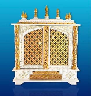 Wooden Temple Large Size 24x12x30 Home Temple/Home mandir/god Stand for Home/Pooja Stand/Home mandap/mandapam/Pooja mandir with Doors (Medium 18x12x24 WxDxH INCH, White Gold)