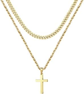 Layered Cross Necklace for Men, 18K Gold Silver Black Stainless Steel Mens Cross Necklaces Cross Chain Layered Rope Chain Cross Necklace for Men Women Boy Girls 16 18 20 22 24 Inch Necklace,