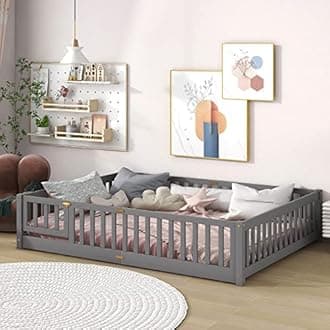 Tatub Queen Floor Bed with Safety Guardrails and Slats, Toddler Floor Bed Frame Queen Size for Girls and Boys, Wood Montessori Floor Bed for Kids, Queen-Grey