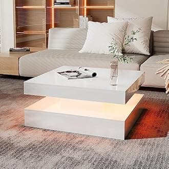 KEEPREAPER White Coffee Table with 16 LED Lights - Square Coffee Tables for Living Room - Modern Coffee Table with 2 Tier Storage, Mirror Effect Cocktail Tables for Home/Bar/Gaming Room/Waiting Room