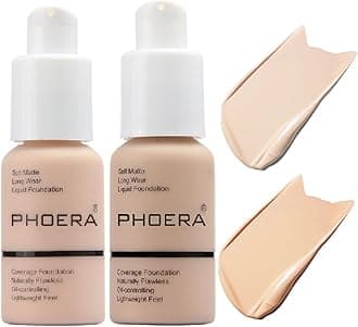 2 Pack PHOERA Foundation 101- Porcelain and102- Nude, Flawless Soft Matte Liquid Foundation 24 HR Oil Control Concealer Foundation Makeup