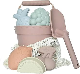 Silicone Beach Toys for Kids 3-10 - Sand Toys for Toddlers and Babies - 5 Molds with Collapsible Bucket, Shovel and Bag - Travel and Eco-Friendly Snow Toys Set (Pink)