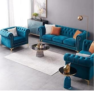 Modern Classic Sofa Couch Fabric & Valvet Tufted Chesterfield Sofa Living Room and Office (Teal Green 3+1+1 Seater Sofa Set)
