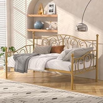 VECELO Metal Daybed Frame Multifunctional Platform Bed Sofa Mattress Foundation with Classic Headboard, Twin, Gold