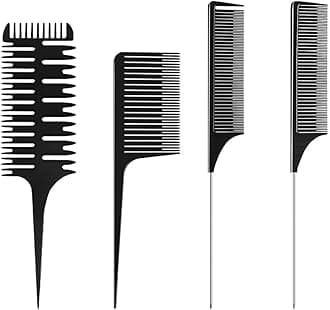 Hair Styling Comb, 4 Pcs Black Metal Combs - Highlighting, Professional Styling, for Home Hairstylist, Barber Styling, Weaving, Dyeing, Foiling (Includes 3 Teasing Combs)