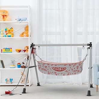 TINYTYKE Automatic Cradle - Electric Swing Cradle w/Adjustable Speed -Includes Hammock - Thothil for Baby Boy & Girl of 0 to 3 Years (Square Pipe, Red & White - Hammock, Semi - Foldable)