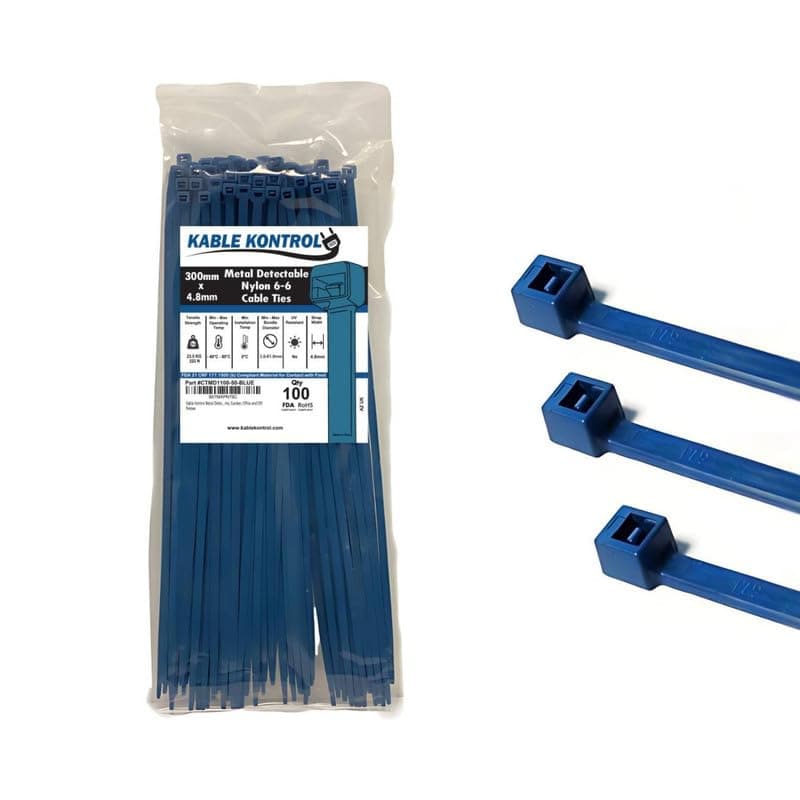 Metal Detectable Blue Zip Ties 100 Pcs 11 Inch, 50 Lbs Tensile Strength, Iron Infused Self-Locking Industrial Cable Ties