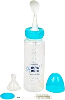 Baby Feeding Bottle with Spoon 0 Months to 3 Years Baby/Kids 250ml Capacity | BPA Free | Easy To Squeeze Bottle | Storage Friendly | Multifunctional Anti-Colic Feeding Bottle with Spoon (Blue)