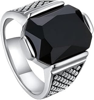 Mens Signet Ring Stainless Steel Silver Rings for Men Women,Emerald/Black Onyx/Ruby/Blue Gemstone Ring Wedding Ring Gift Package