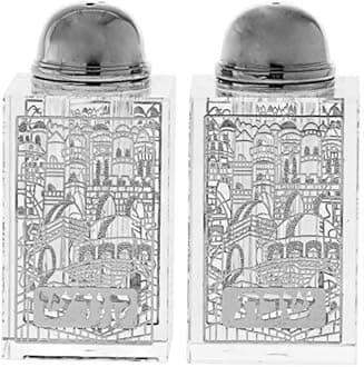 Judaica Place Crystal Salt and Pepper Shaker Set, Silver Jerusalem Scene Design Salt and Pepper Dispenser Table Decor - 1.5" x 3.25"