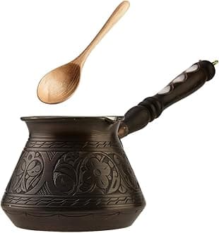 Thick Copper Turkish Greek Arabic Coffee Pot 250 ml, Traditional Hand Engraved Cezve Ibrik Briki with Wooden Handle & Spoon, Handmade in Turkey (Antique)
