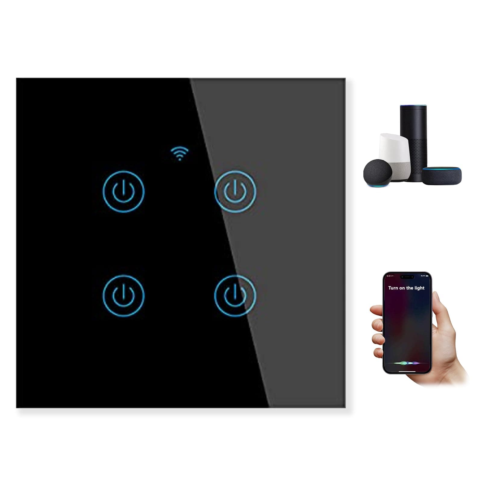 Makayuron WiFi Smart Wall Light Switch,Touch Switches, No Neutral Wire Required, Compatible with Alexa, APP Remote Control Touch Switch, Voice Control, No Hub Required (Black 4 Gang)