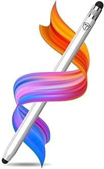 Tukzer 2-in-1 Capacitive Stylus Pen V2.0, Precise Stylus -Fine Point Disc Tip & Micro-Knit Hybrid Fiber Tip, Light Aluminum Body, Rubber Grip, for Touch Screen Devices, Smartphones, Tablets (White)