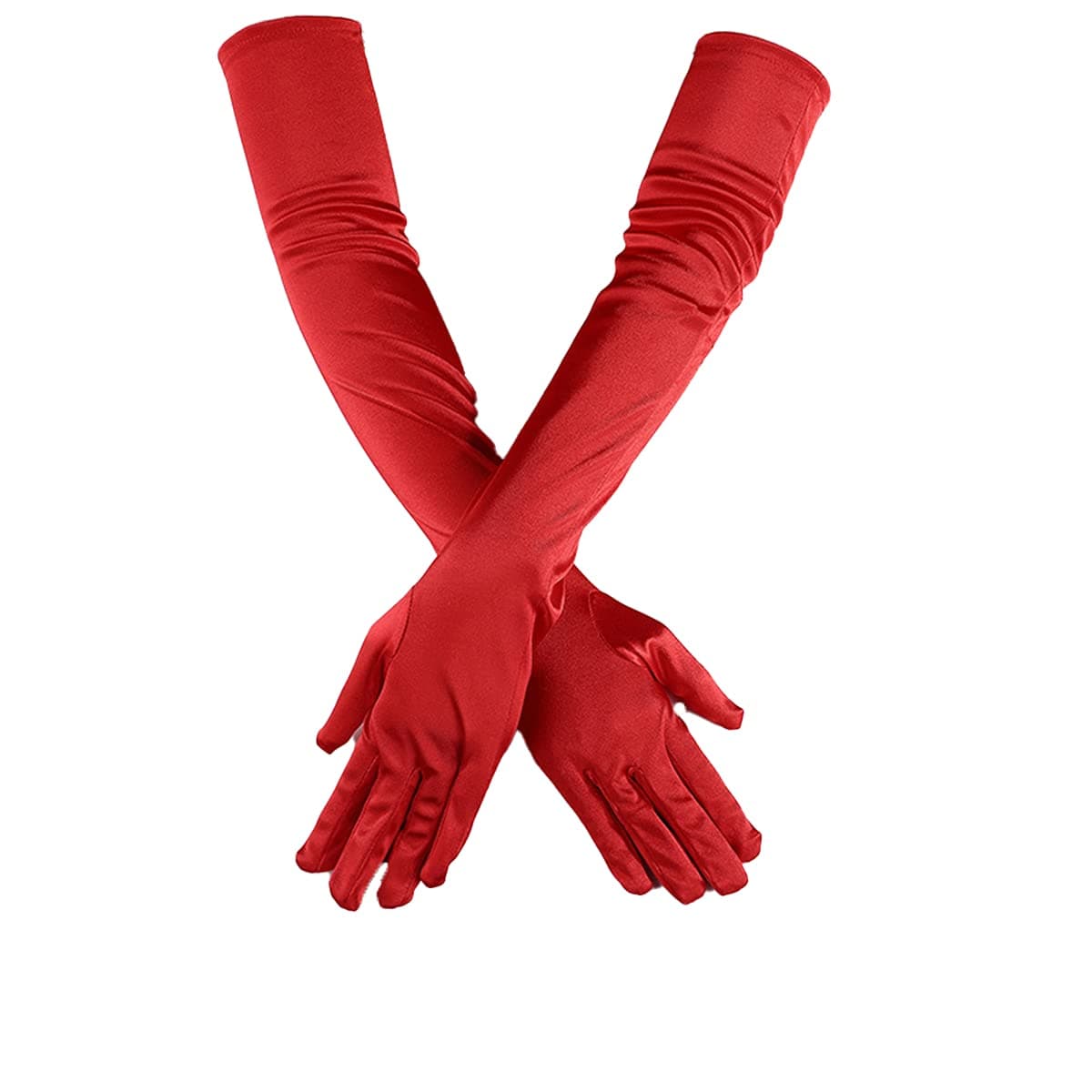 ATHXWomen's Solid Satin Over Elbow Long Gloves, Red, One size