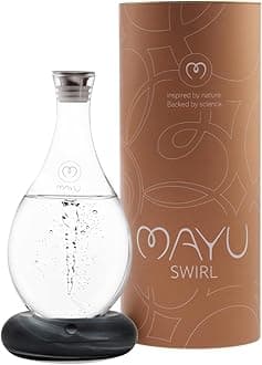 MAYU Swirl Structured Water Pitcher - Handblown Glass Carafe 1.5 Liter Design Jug - Dispenser Stand with Innovative Vortex Technology - Great for Reverse Osmosis Filter Users |51 Oz (Onyx Base)