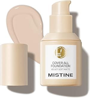 MISTINE Full Coverage Foundation Makeup for Oily Skin,24 Hour Oil Control Liquid Foundation,Skin-Caring,Moisturizing Formula,Cream Foundation,Matte Finish,Fair Porcelain,1 Fl Oz