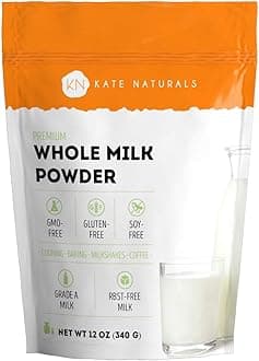 Kate Naturals Dry Whole Milk Powder for Baking, Coffee & Milkshakes (12oz) RBST-Free, Made in USA, Dried Powdered Substitute For Liquid Milk