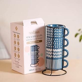 Nestasia Stackable Ceramic Cups Set of 4 (100 ml) | Microwave & Dishwasher Safe Tea & Coffee Cups with Glossy Finish | Ideal for Gifting (Printed Blue with Stand)