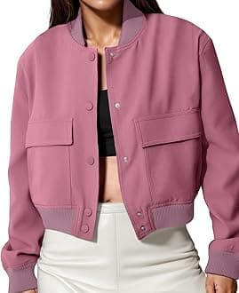Modegal Women's Spring Varsity Bomber Jackets Long Sleeve Cropped Button Down Casual Coat with Pockets Outwear