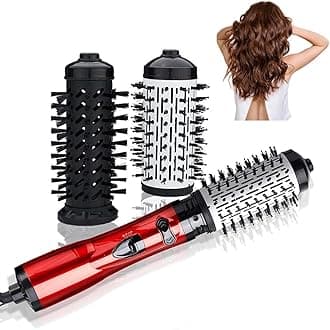 3-in-1 Hot Air Styler and Rotating Hair Dryer, Spin Hair Dryer Brush with 2 Interchangeable Brush, Anti-frizz Hot Air Spin Brush Set for Straightening, Drying, and Curling (Red)
