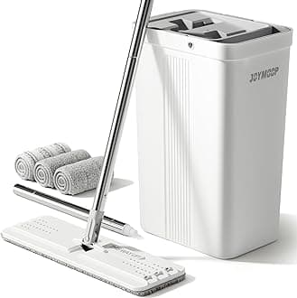 JOYMOOP Mop and Bucket with Wringer Set, White Flat Squeeze Bucket Set for Floor Cleaning, Wet Dry Wall Cleaner with Long Handle, Hardwood Floor Mop-3 Microfiber Cloths