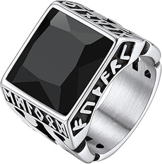 Bestyle Chunky Signet Ring for Men, Stainless Steel/Black Ring Synthetic Gemstone Band Ring Biker Ring for Men, Thumb Pinky Ring Mens Fashion Ring Jewelry Size 7-14, Gift Package