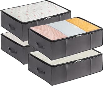 4 Pack 40L Under Bed Storage, Underbed Storage Boxes with lid Clothes Storage Bag Wardrobe Storage Organiser with Reinforced Handle, PVC Window for Duvet, Blanket, Clothing, Shoes, Grey
