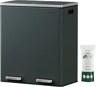 SONGMICS Trash Can, 2 x 8-Gallon Garbage Can for Kitchen, with 15 Trash Bags, 2 Compartments, Plastic Inner Buckets and Hinged Lids, Airtight, Gray ULTB60GS