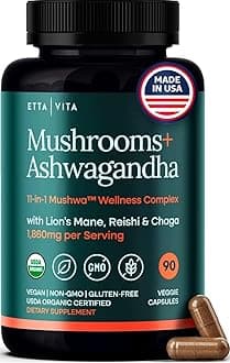 Etta Vita USDA Organic Lions Mane Supplement Capsules with Ashwagandha, Chaga, Reishi, Cordyceps, Turkey Tail - 10x Adaptogenic Mushroom Complex as Focus Supplement - Energy, Immunity & Nootropic