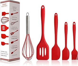 Silicone Spatula Set, Red 5 Piece Kitchen Utensils Set, Basting Brushes, Pastry Oil Brush, Egg Beater, Slotted Turner, Stainless Steel Core Silicone Cooking Spatulas Non-Stick