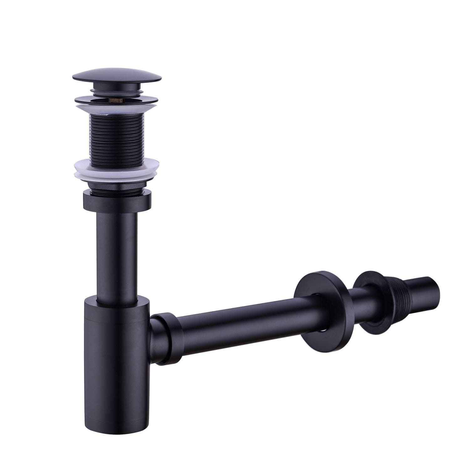 Bathroom Sink Stopper P-Trap Complete Set Adjustable 1-1/4 Bottle Trap Solid Brass Sink Drain Kit Tube and Pop Up Drain Stopper Set Without Overflow, Matte Black