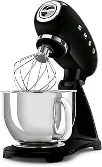 Smeg SMF03BLUK, 50’S Retro Style Stand Mixer With 10 Variable Speeds, 4.8 L Stainless Steel Bowl, Safety Lock When Mixing, Includes Wire Whisk, Flat Beater, Dough Hook, Black, 1 Year Warranty