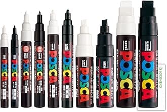 Mitsubishi Pencil Water-Based Marker, Posca, Black & White, PC-1M, 3M, 5M, 8K, 17K, Total Lead Width 10 Piece Set + Rononeko Test Card