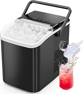 Sweetcrispy Countertop Ice Maker Machine, Portable Self-Cleaning Ice Machine with Ice Scoop, Basket and Handle, 9 Cubes in 6 Mins, 26.5lbs/24Hrs, 2 Sizes of Bullet Ice for Home Kitchen, Coal Black