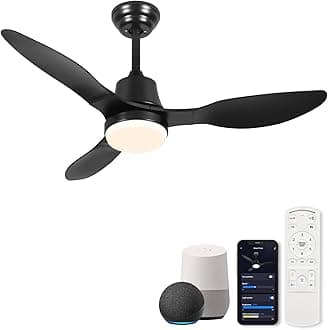 42 Inch Smart Ceiling Fans with Lights Remote LED Dimmable,Outdoor Indoor Modern Ceiling Fan Controlled by WiFi Alexa App,FCC Quiet DC Motor,3 Black Blades for Bedroom Living Room Patio Porch