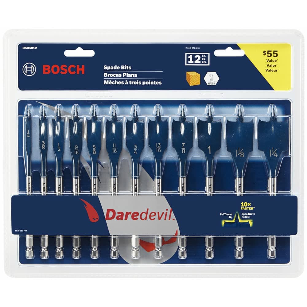 BOSCH DSB5012 12-Piece Assorted Set Daredevil Spade Bits, 1/4 in. Hex Shank Ideal for Fast Drilling Applications in Wood