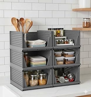 MECHDEL | Wardrobe Organizer For Clothes | Cupboard Organizer | Foldable Shirt Stacker Box | Cloth Box for Almirah | Closet Storage Basket |Plastic Stackable Closet Organizer (Grey, 6PCS)