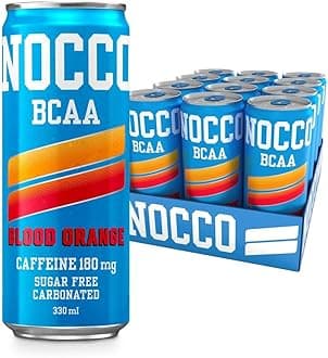 NOCCO Sugar Free Energy Drink – BCAA, 180mg High Caffeine, with Amino Acids & Vitamins, Ideal for Pre Workout – 12 x 330ml (Blood Orange Del Sol)