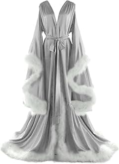 Women's Feather Bridal Robes Old Hollywood Maternity Photoshoot Nightgown Silk Bathrobe Long Lingerie