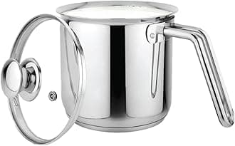 Prabha Stainless Steel Milk Pot with Handle 14cm .18 Litre | Milk Boiler Glass Lid Steam Vent | Kitchen Tea Container Water Boiling | Coffee/Milk Warmer, Even & Faster Heating | Induction & Gas Stove