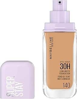 Maybelline New York, Super Stay Lumi-Matte Liquid Foundation, 30hr Longwear formula, Light as Air, Waterproof, Sweatproof, Luminous Matte Finish - 140