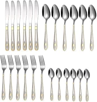 Mirror Finish Silver Gold Plated Stainless Steel Flatware Set Copper Silverware Set Rose Gold Spoon Color Cutlery Set [Dinner Fork-Tea Spoon-Salad Spoon-Knife] Set of (Silver Gold, 24)