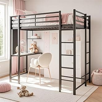 SUNLEI Metal Loft Bed with 2 Secured Ladders, Bunk Bed with Desk and Bookshelves, Twin Loft Beds Safety Guard, Space-Saving, Noise Free for Small Bedroom, Black (Modern, Twin)