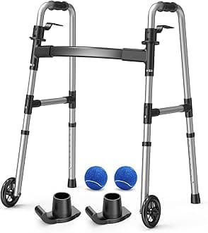 Loyoda Folding Walker with 2 Precut Tennis Balls, 5" Wheels Lightweight Walkers for Seniors and Adults, Supports Up to 350 Pounds, Adjustable Height, Compact Standard Walker