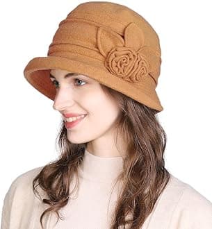 Comhats Cloche Round Hat for Women 1920s Fedora Bucket Vintage Hat Flower Accent, 16076_camel, M