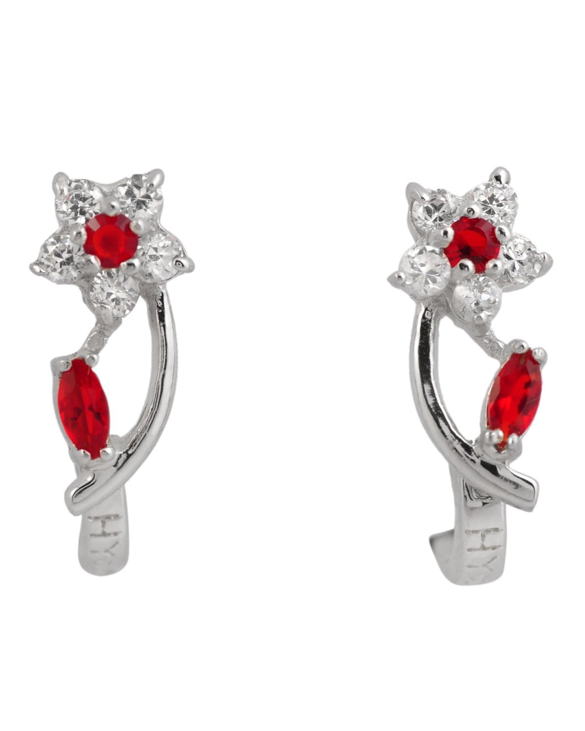 Stem Flower C.Z. Ruby Diamond .925 Sterling Silver Earrings