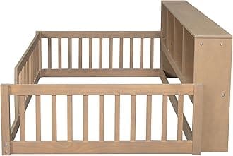 Kids Montessori Floor Bed with Bookcase,Twin XL Size Floor Bed with Charging Station,Floor Bed Frame with Guardrails for Kids,Floor Bed Twin XL with Storage for Girls,Boys,Brown